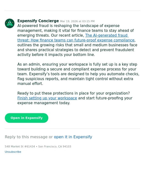 Protect Your Team from AI-Driven Expense Fraud email from Expensify screenshot