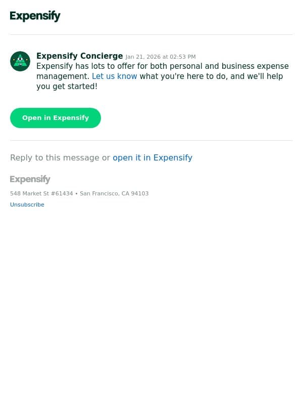 Let us know what you'd like to do in Expensify! email from Expensify screenshot