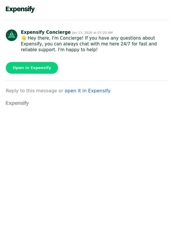 Welcome to Expensify email from Expensify screenshot