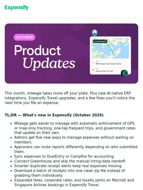 Your October Expensify update: Mileage is now on autopilot email from Expensify