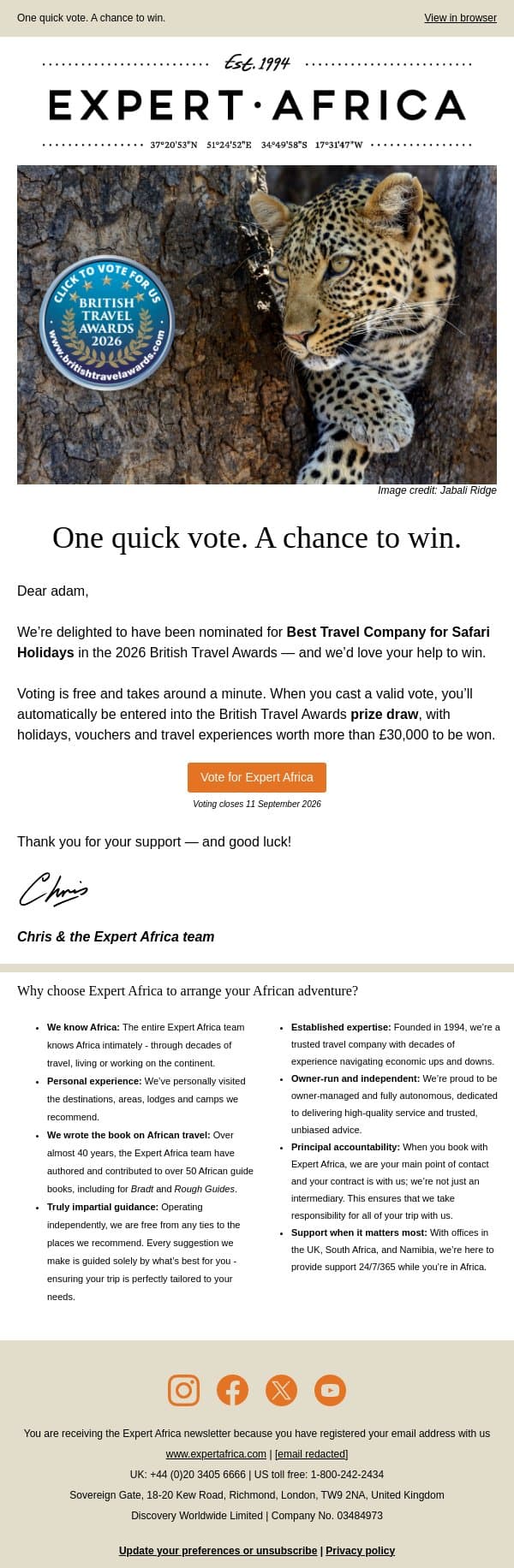 Vote for Expert Africa and you could win a holiday email from Expert Africa screenshot