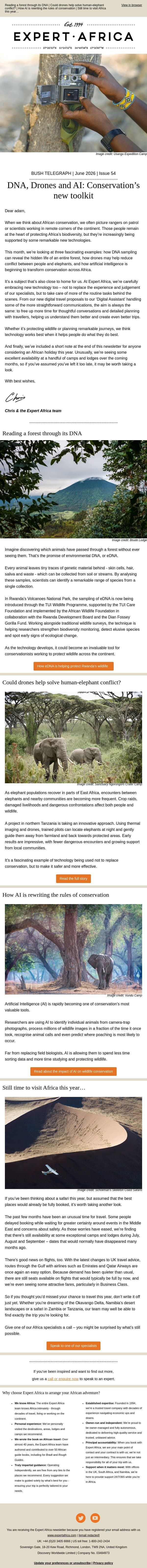 Bush Telegraph | DNA, Drones and AI: Conservation’s new toolkit email from Expert Africa screenshot
