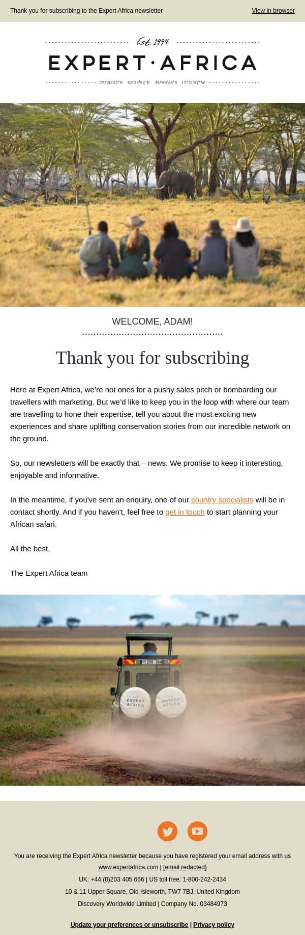 Your safari starts here email from Expert Africa screenshot