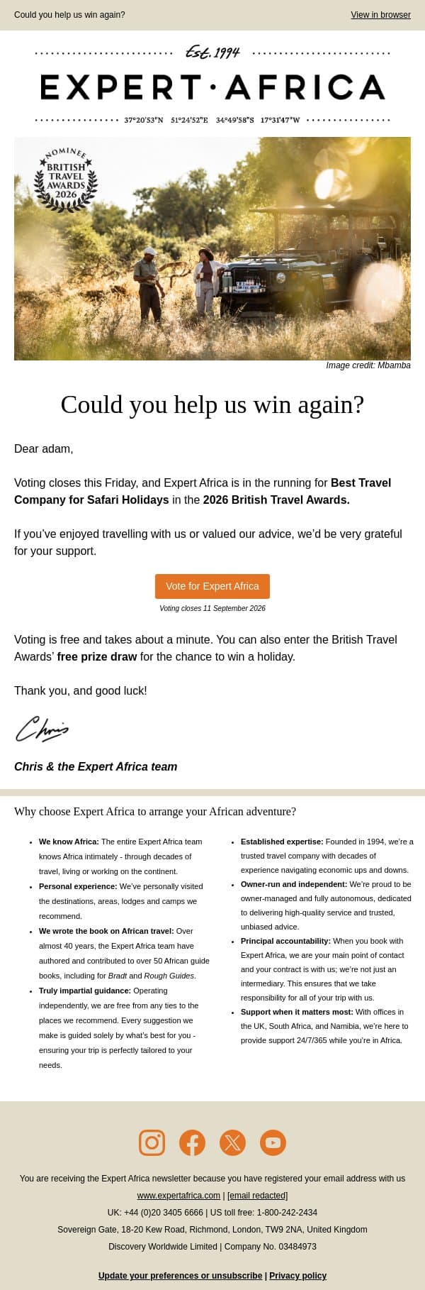 Voting closes Friday – could you help us win again? email from Expert Africa screenshot