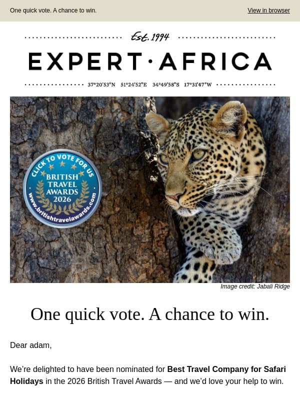 Vote for Expert Africa and you could win a holiday email from Expert Africa