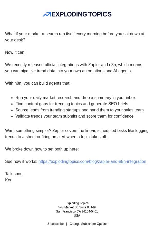 An AI agent that does your trend research for you email from Exploding Topics screenshot