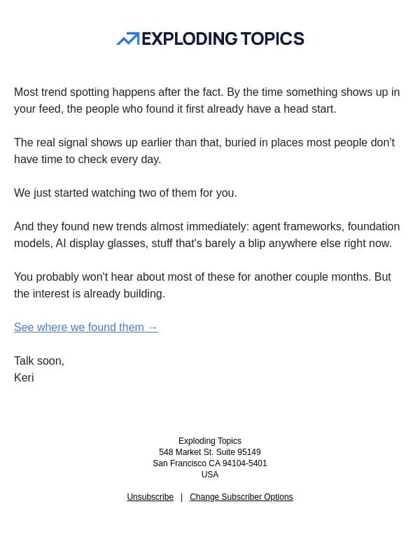 Where trends actually start (it's not social media) email from Exploding Topics screenshot
