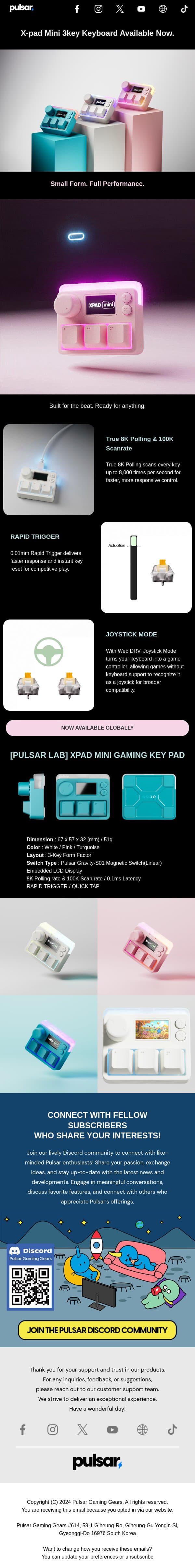 Pulsar LAB Xpad Mini 3Key Keyboard Available Now. email from Exponent screenshot