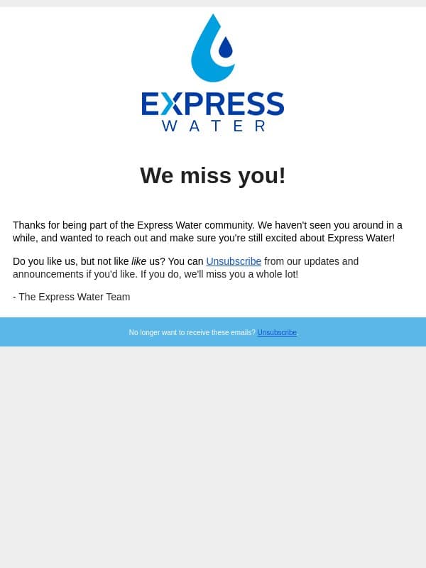 We miss you! email from Express Water screenshot
