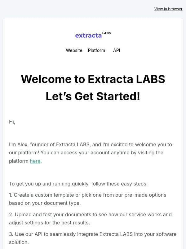 Welcome to Extracta.ai email from Extracta