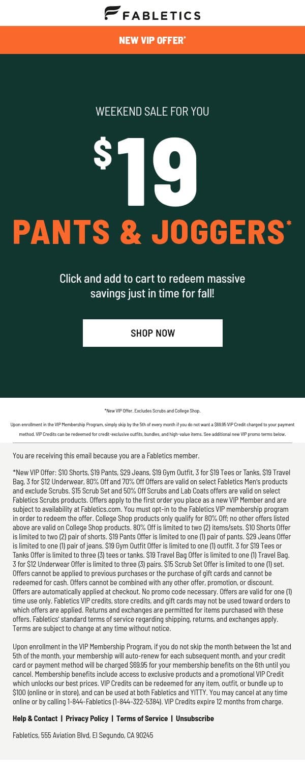 SALE ALERT - $19 Pants & Joggers email from Fabletics screenshot
