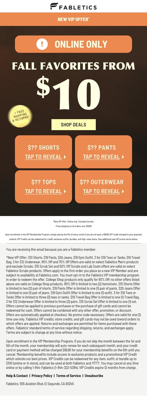 FALL DROP: Styles from $10 email from Fabletics screenshot