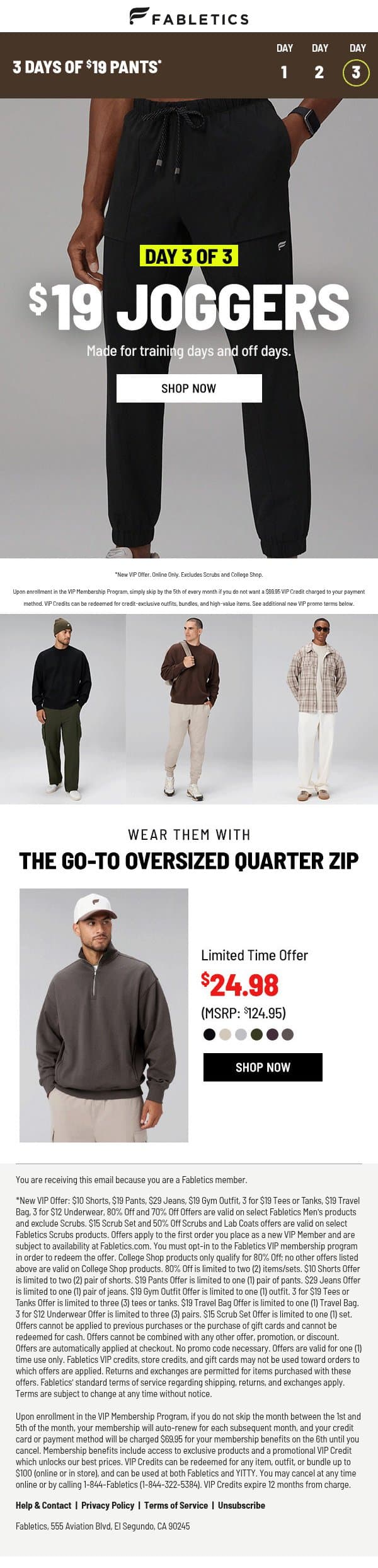 WAS: $125 >> NOW: $19 Joggers email from Fabletics screenshot