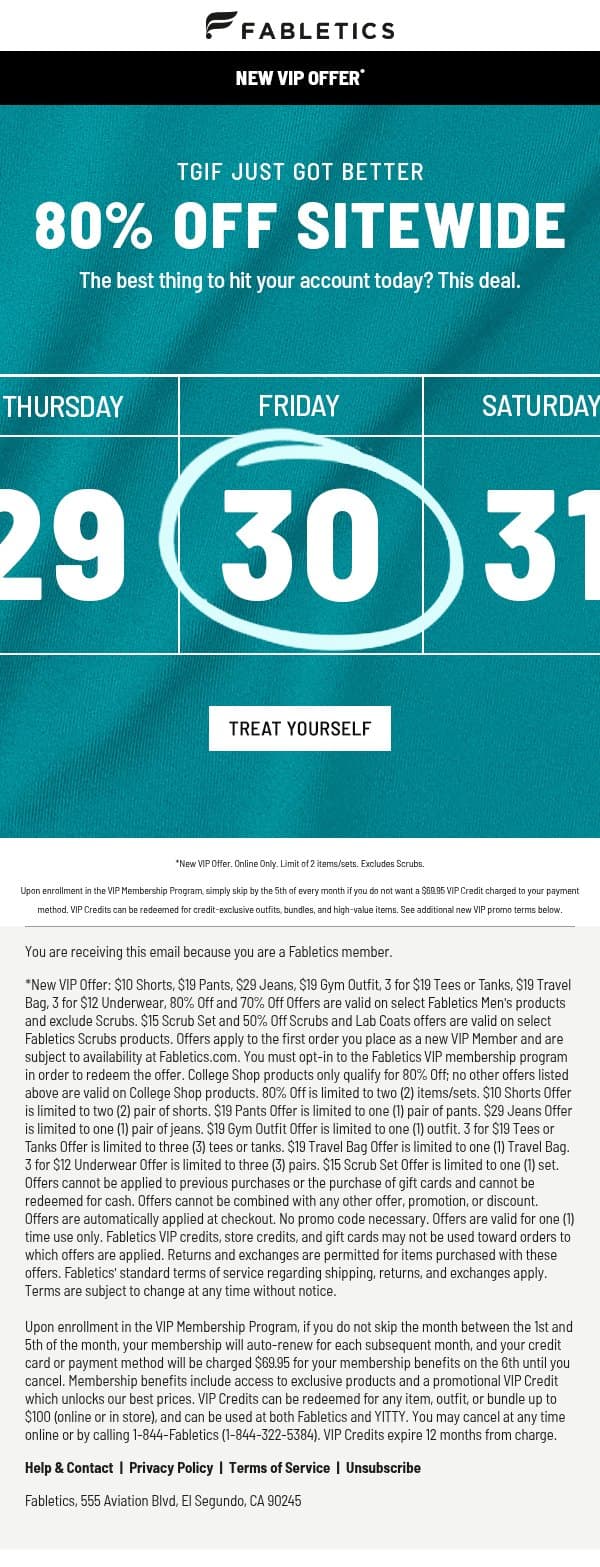 TGIF = 80% OFF email from Fabletics screenshot