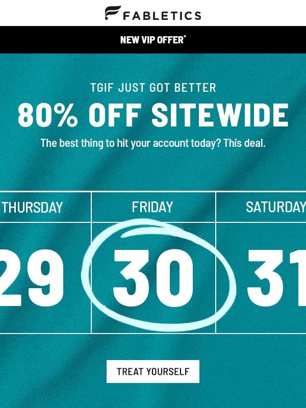 TGIF = 80% OFF email from Fabletics