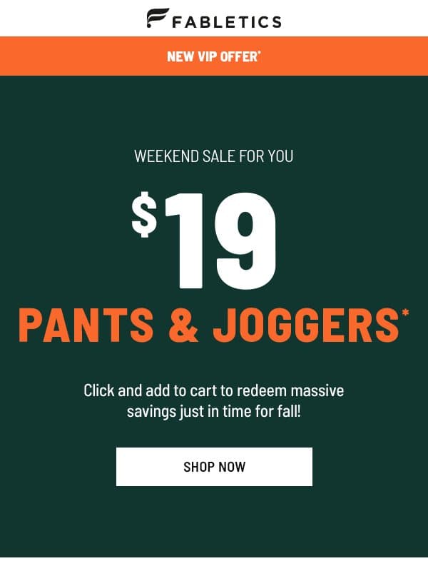 SALE ALERT - $19 Pants & Joggers email from Fabletics