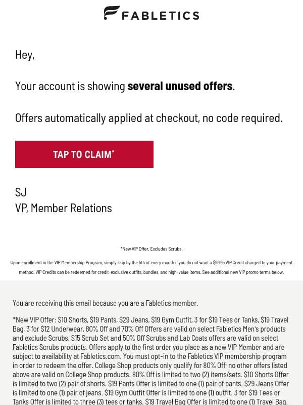 Offers in Your Account email from Fabletics