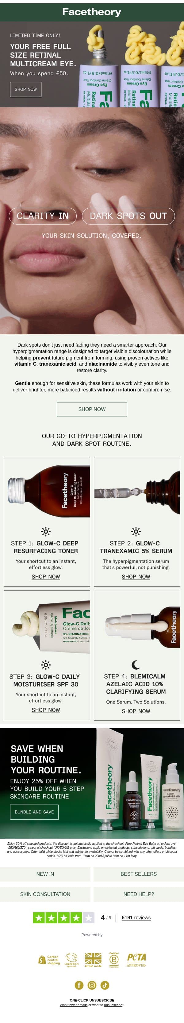 Dark Spots? Pigmentation? Try These email from Facetheory screenshot