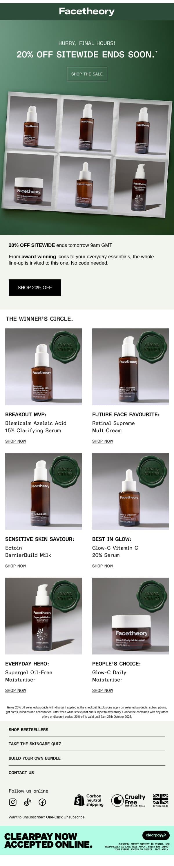 20% Sitewide Ends 9am Tomorrow email from Facetheory screenshot