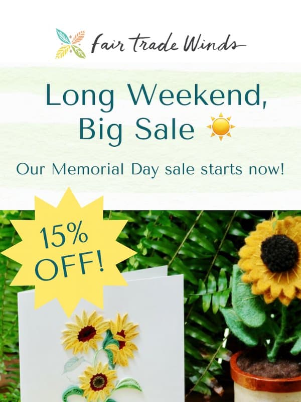 15% off starts NOW! email from Fair Trade Winds