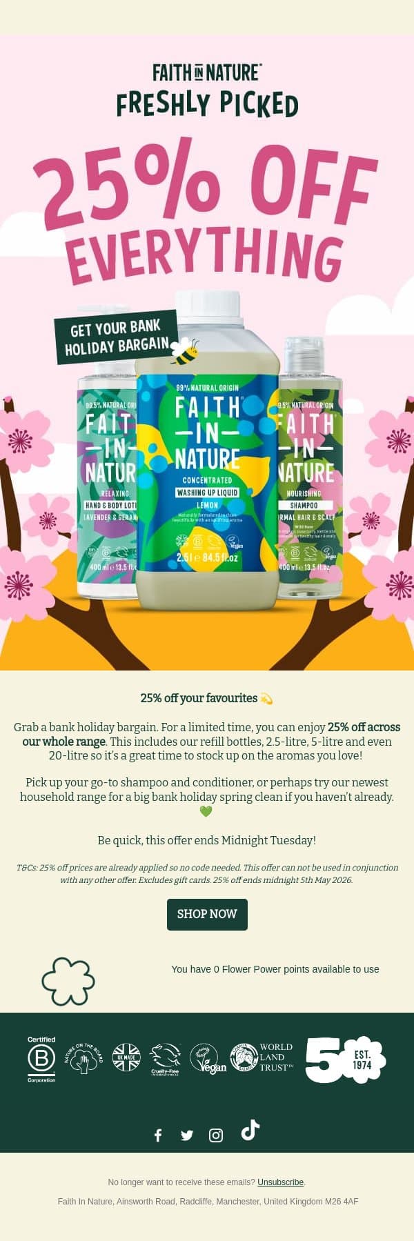 Don't Miss 25% Off This Bank Holiday 🌸 email from Faith in Nature screenshot