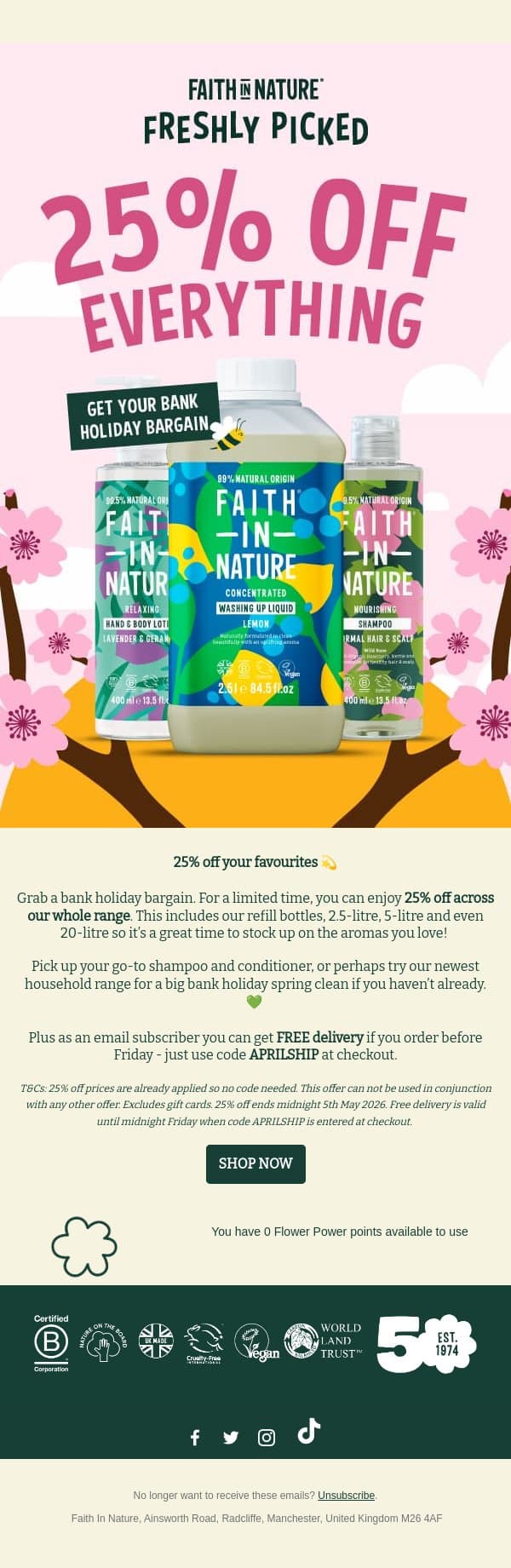 25% Off This Bank Holiday 🌸 email from Faith in Nature screenshot
