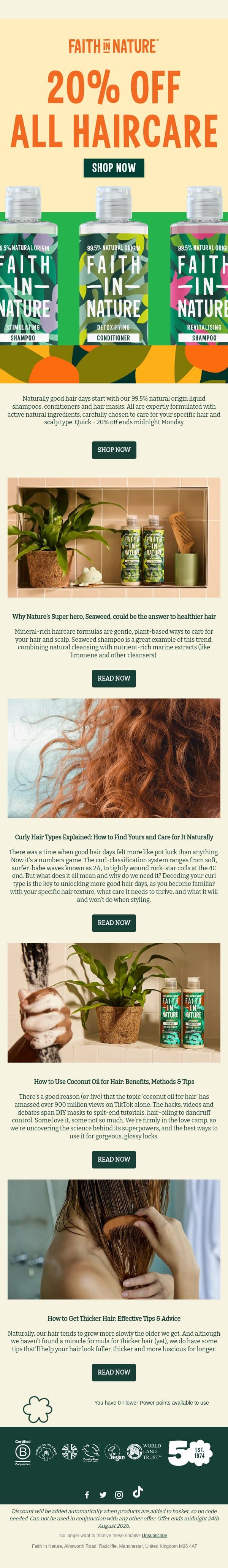 Don't Miss 20% Off Haircare 🌿 email from Faith in Nature screenshot