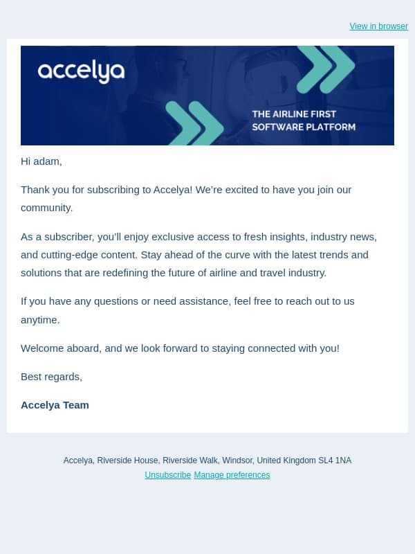 Thank you for subscribing and welcome to the Accelya Community! email from Farelogix (Accelya)