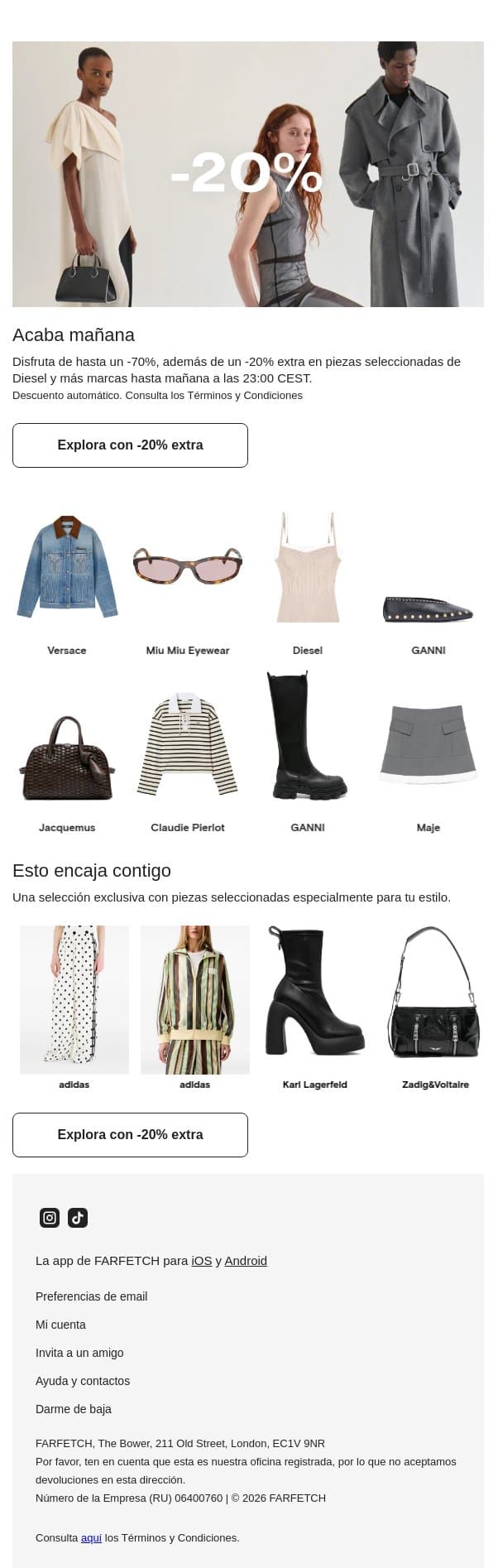 El -20% extra acaba mañana email from FARFETCH screenshot