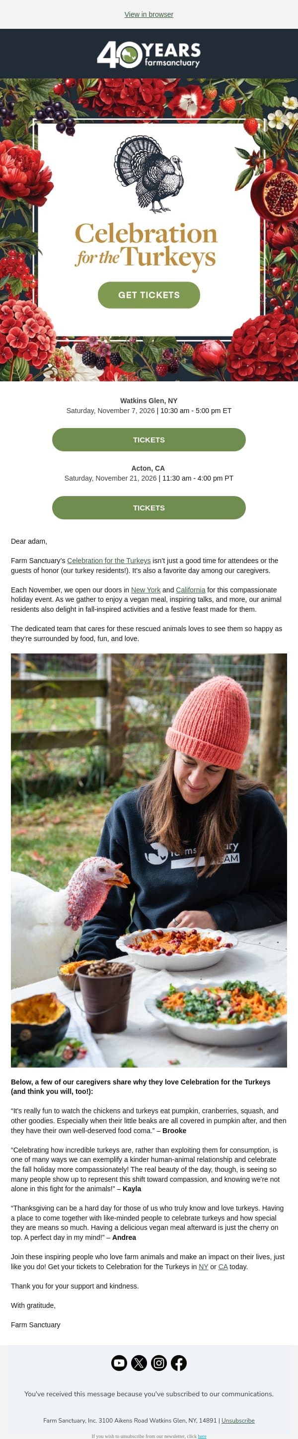Why our caregivers love Celebration for the Turkeys! email from Farm Sanctuary screenshot