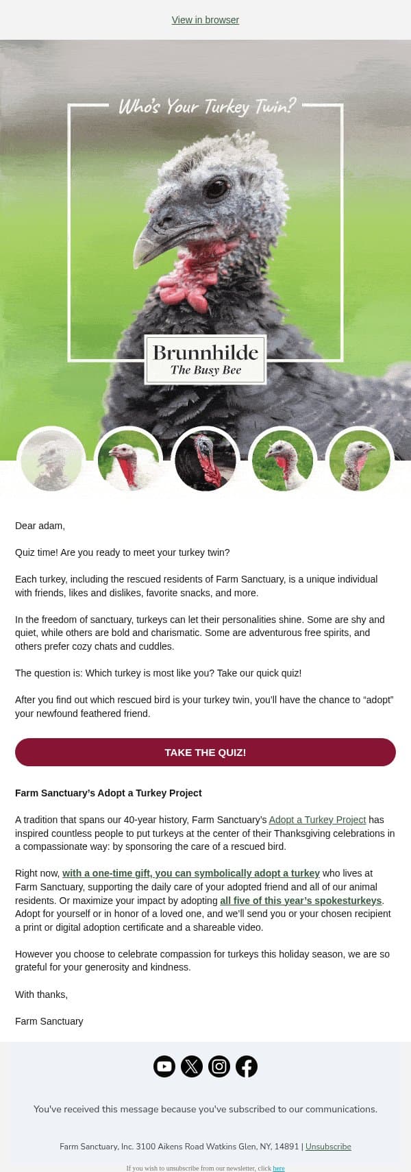 Meet your turkey twin! email from Farm Sanctuary screenshot