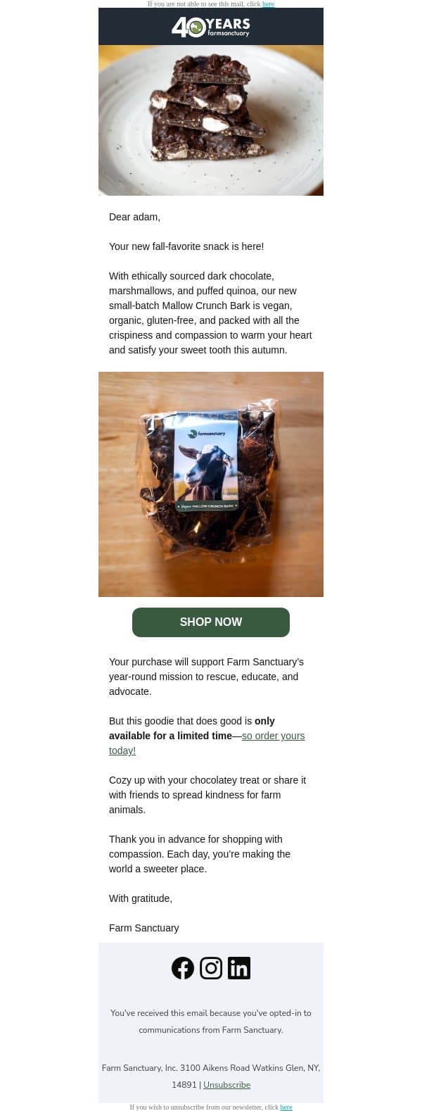Cozy up with this fall treat! email from Farm Sanctuary screenshot