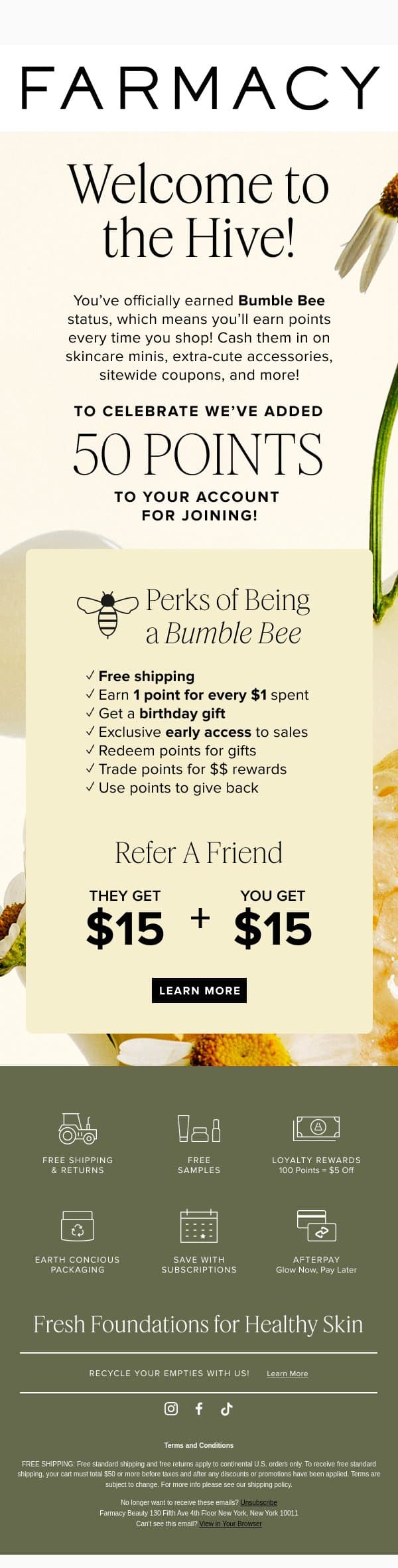 Welcome to The Hive, Bumble Bee! email from Farmacy Beauty screenshot