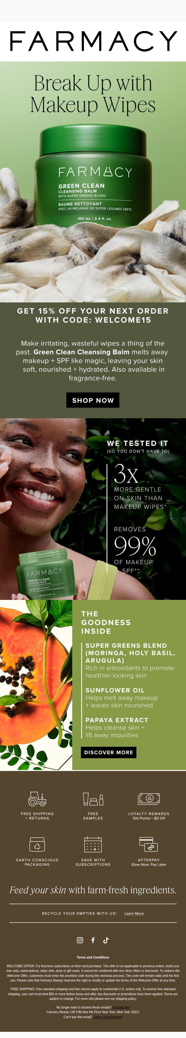 15% Off Green Clean email from Farmacy Beauty screenshot