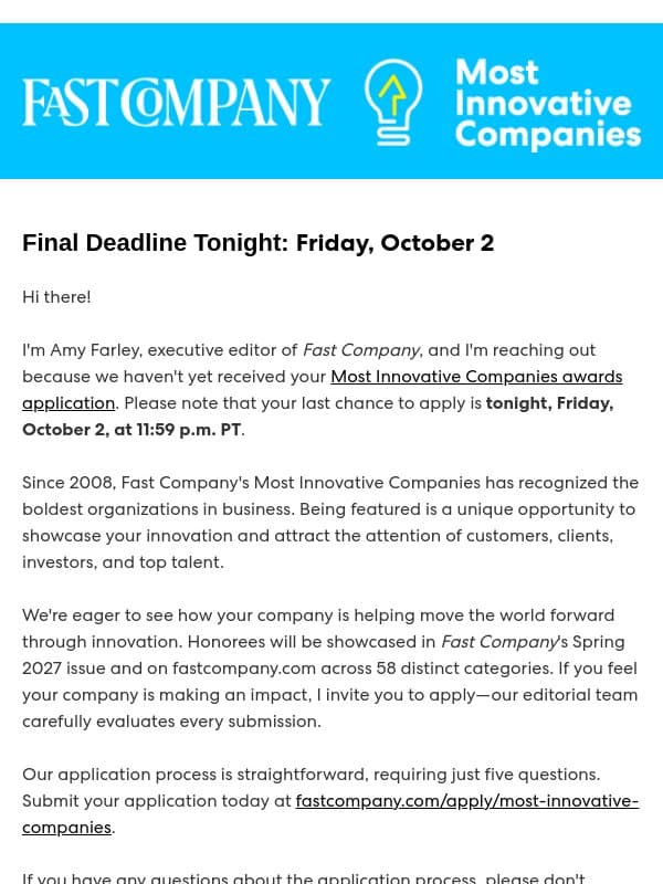 Deadline Tonight: A Note From Fast Company’s Executive Editor email from Fast Company