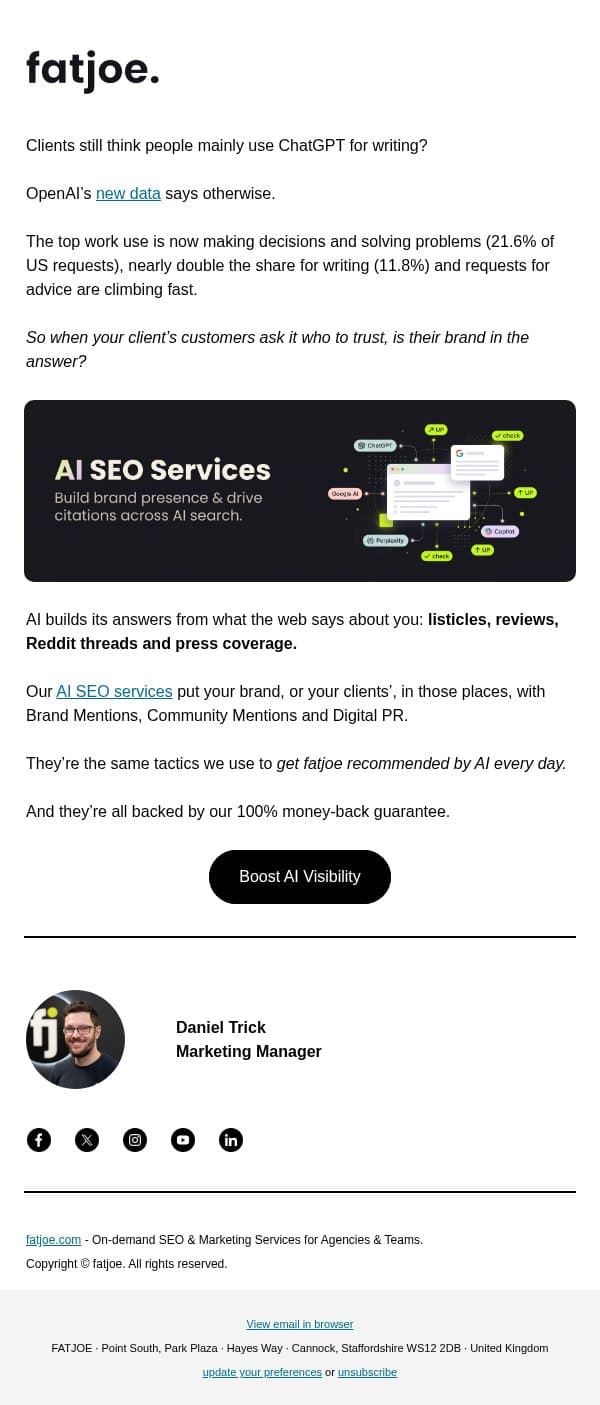 1 in 5 ChatGPT work prompts is a decision. email from FATJOE screenshot
