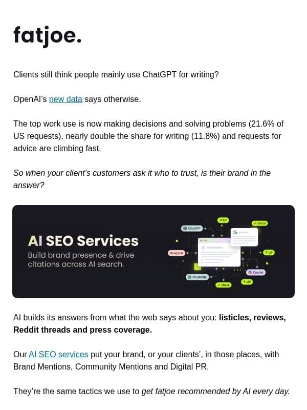 1 in 5 ChatGPT work prompts is a decision. email from FATJOE