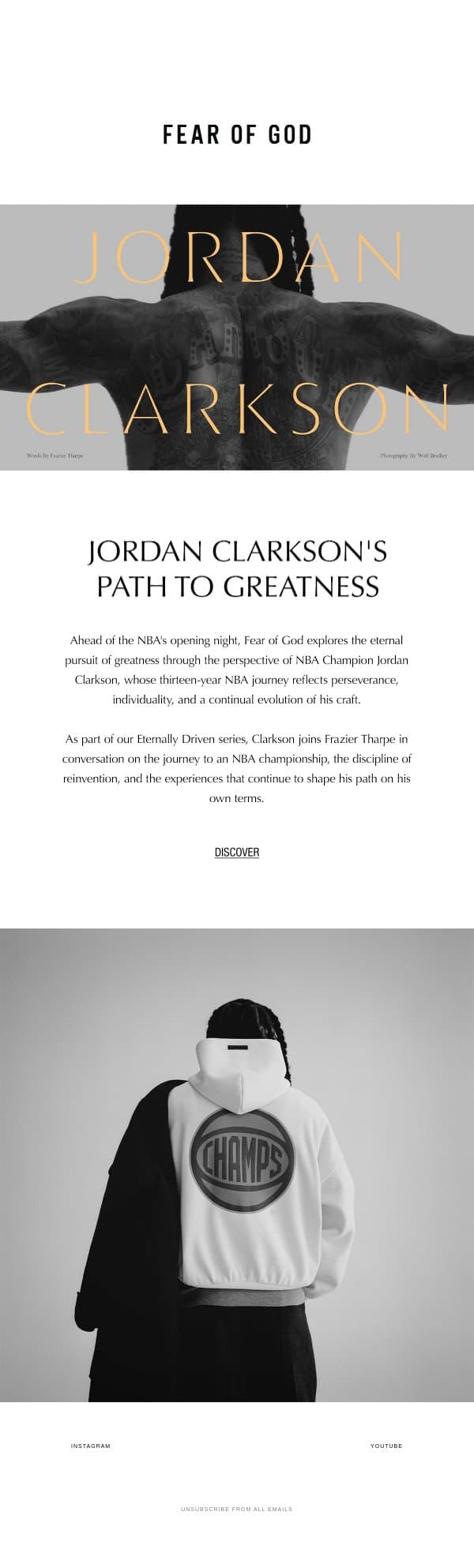 Jordan Clarkson's Path to Greatness email from Fear of God screenshot