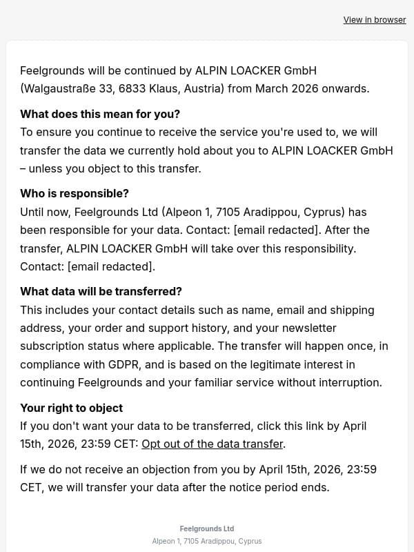 Important: Transfer of your Feelgrounds customer data email from Feelgrounds