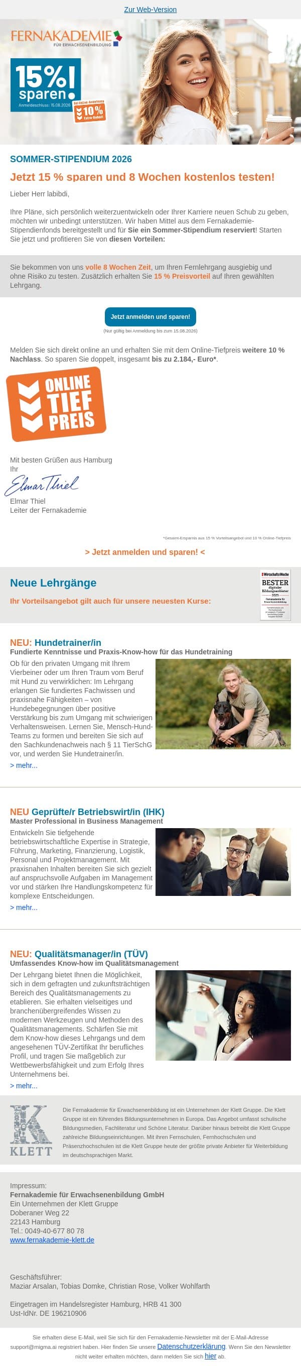 Nicht vergessen: Sommer-Stipendium 2026 - jetzt 15 % sparen! email from Fernakademie für Erwachsenenbildung screenshot