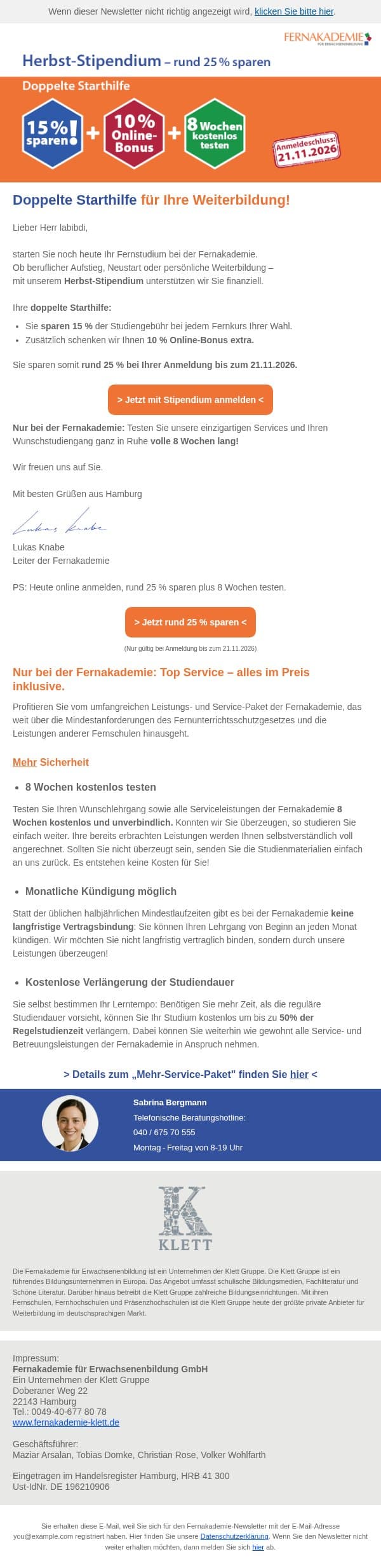 Herbst Stipendium - doppelte Starthilfe rund 25% sparen email from Fernakademie für Erwachsenenbildung screenshot