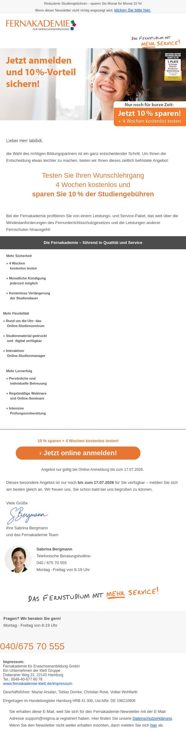 Nur noch für kurze Zeit: 10 % sparen + 4 Wochen kostenlos testen email from Fernakademie für Erwachsenenbildung screenshot