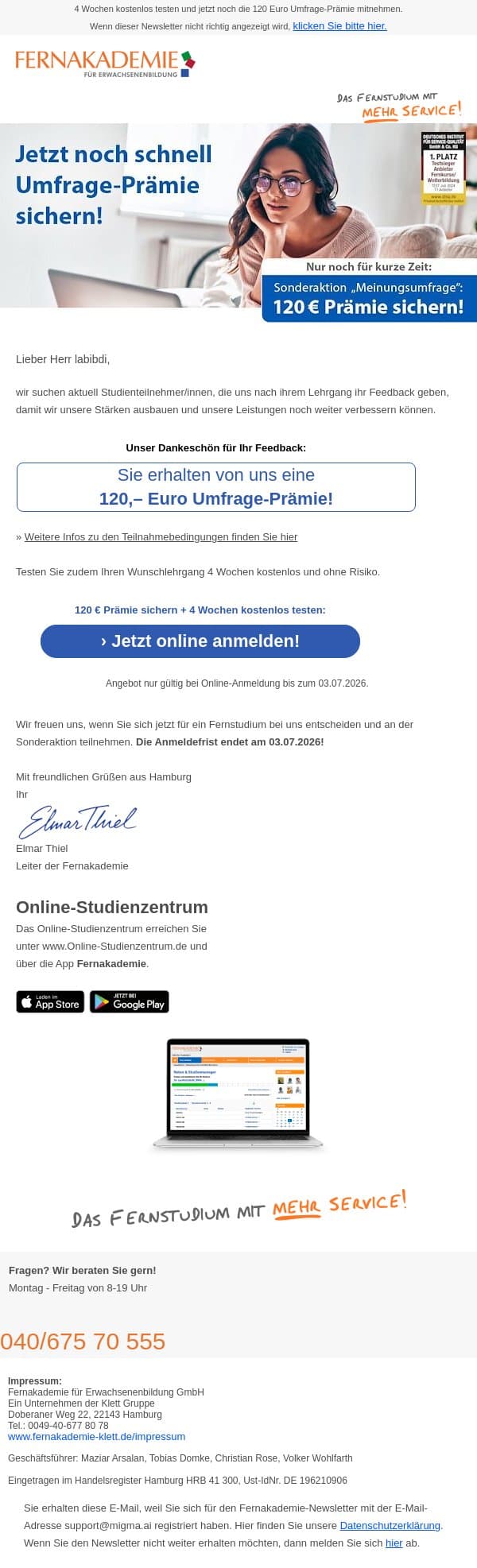 Nur noch für kurze Zeit - 120 Euro Umfrage-Prämie sichern email from Fernakademie für Erwachsenenbildung screenshot