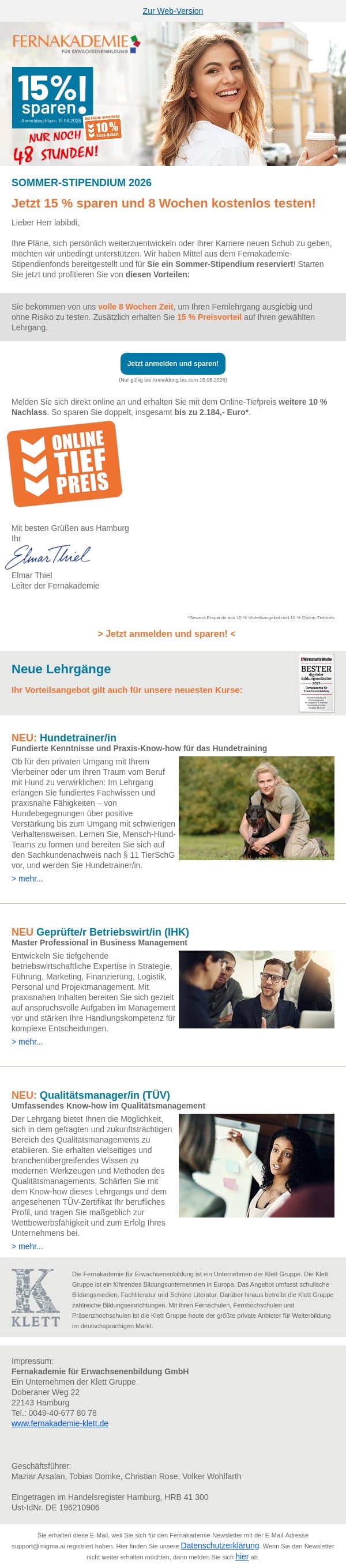 ⏰ Nur noch 48h: Sommer-Stipendium 2026 - jetzt 15 % sparen! email from Fernakademie für Erwachsenenbildung screenshot