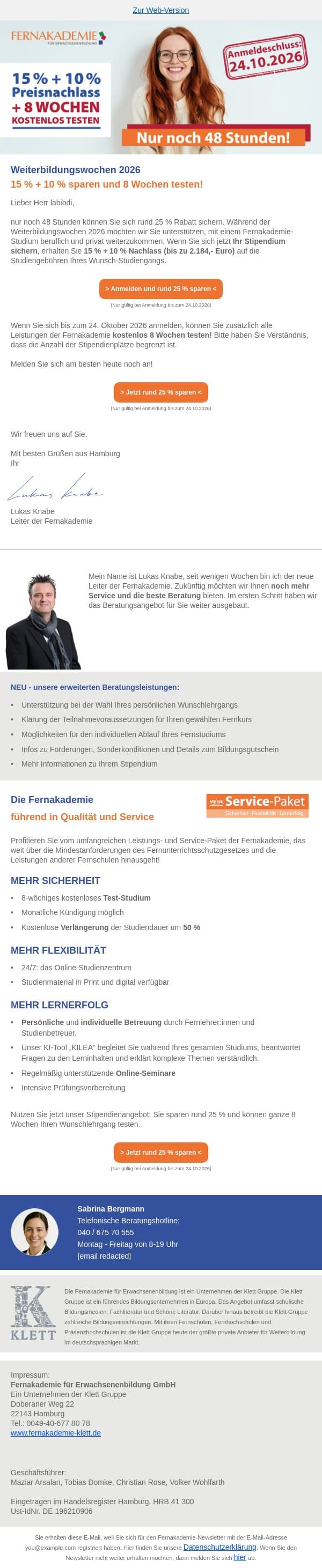 Nur noch 48h: rund 25 % sparen und 8 Wochen testen! email from Fernakademie für Erwachsenenbildung screenshot