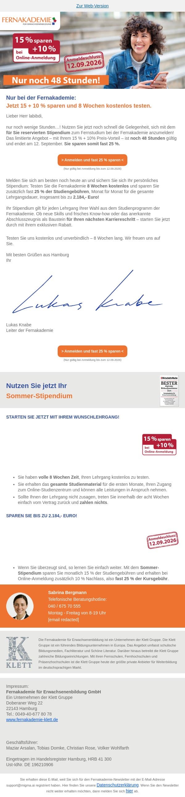 Nur noch 48 h: Jetzt rund 25 % sparen - last Call email from Fernakademie für Erwachsenenbildung screenshot
