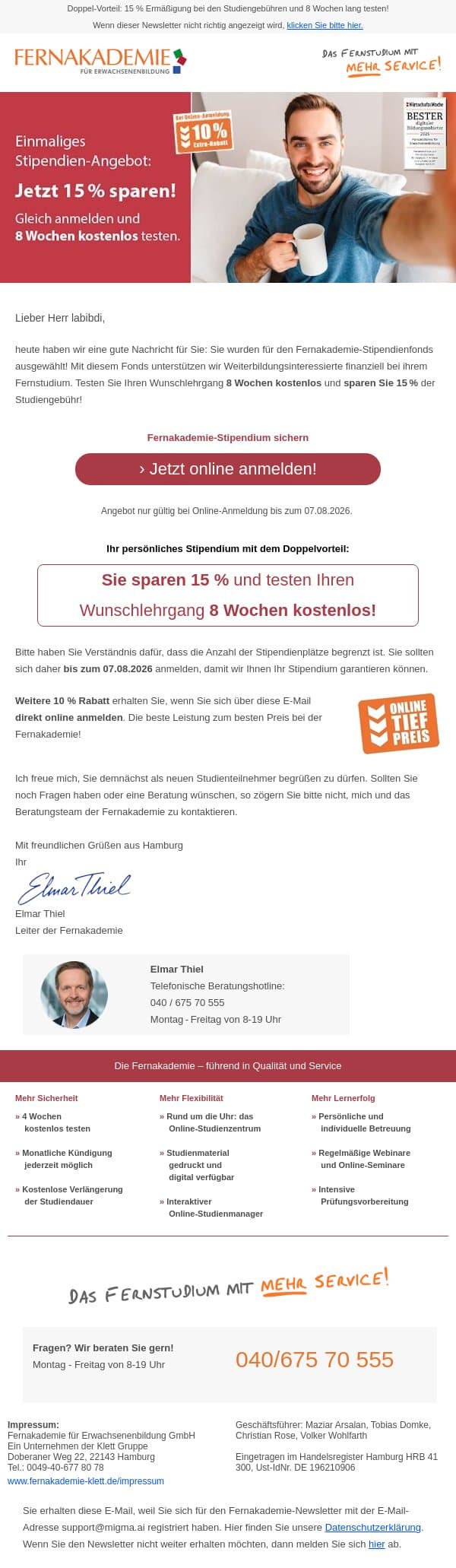 Fernakademie-Stipendium: 15 % sparen und 8 Wochen kostenlos testen! email from Fernakademie für Erwachsenenbildung screenshot