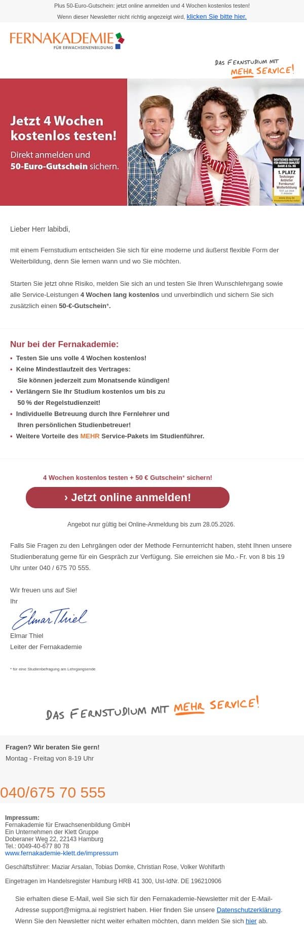 Testen Sie uns 4 Wochen kostenlos email from Fernakademie für Erwachsenenbildung screenshot