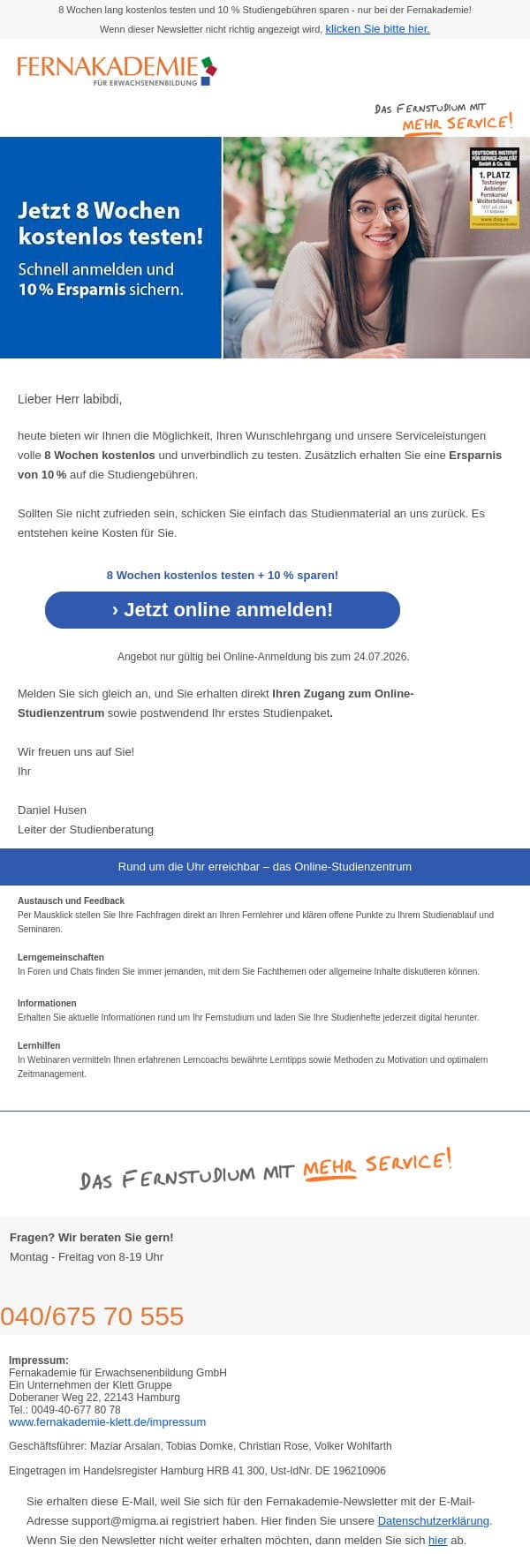 10 % sparen und 8 Wochen lang kostenlos testen! email from Fernakademie für Erwachsenenbildung screenshot
