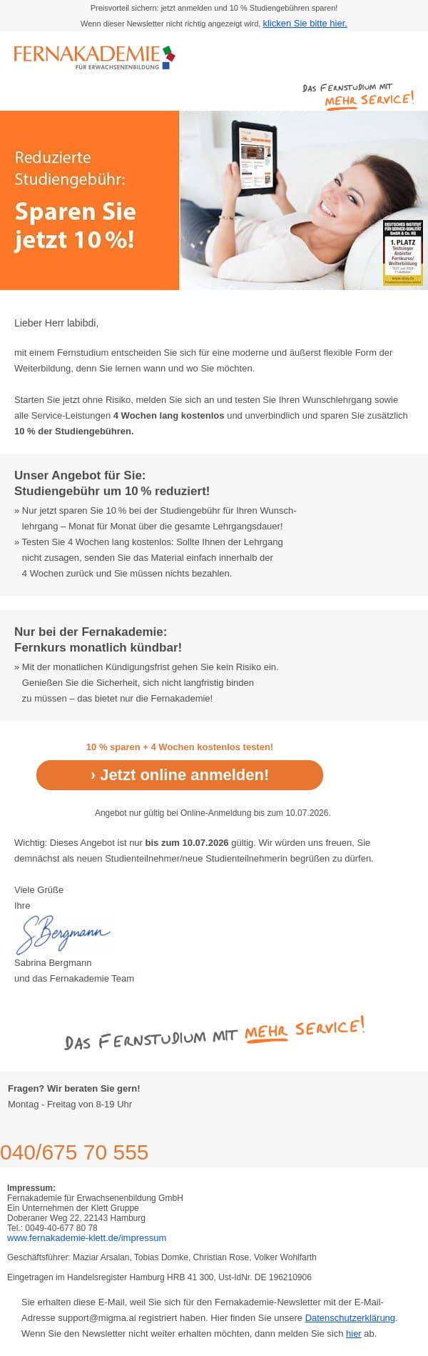 10 % sparen und 4 Wochen kostenlos testen! email from Fernakademie für Erwachsenenbildung screenshot